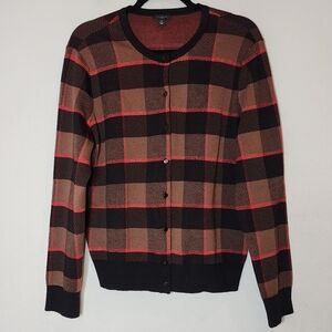 Ann Taylor Metallic Red Black Brown Plaid Button Knit Sweater Cardigan Cotton XL